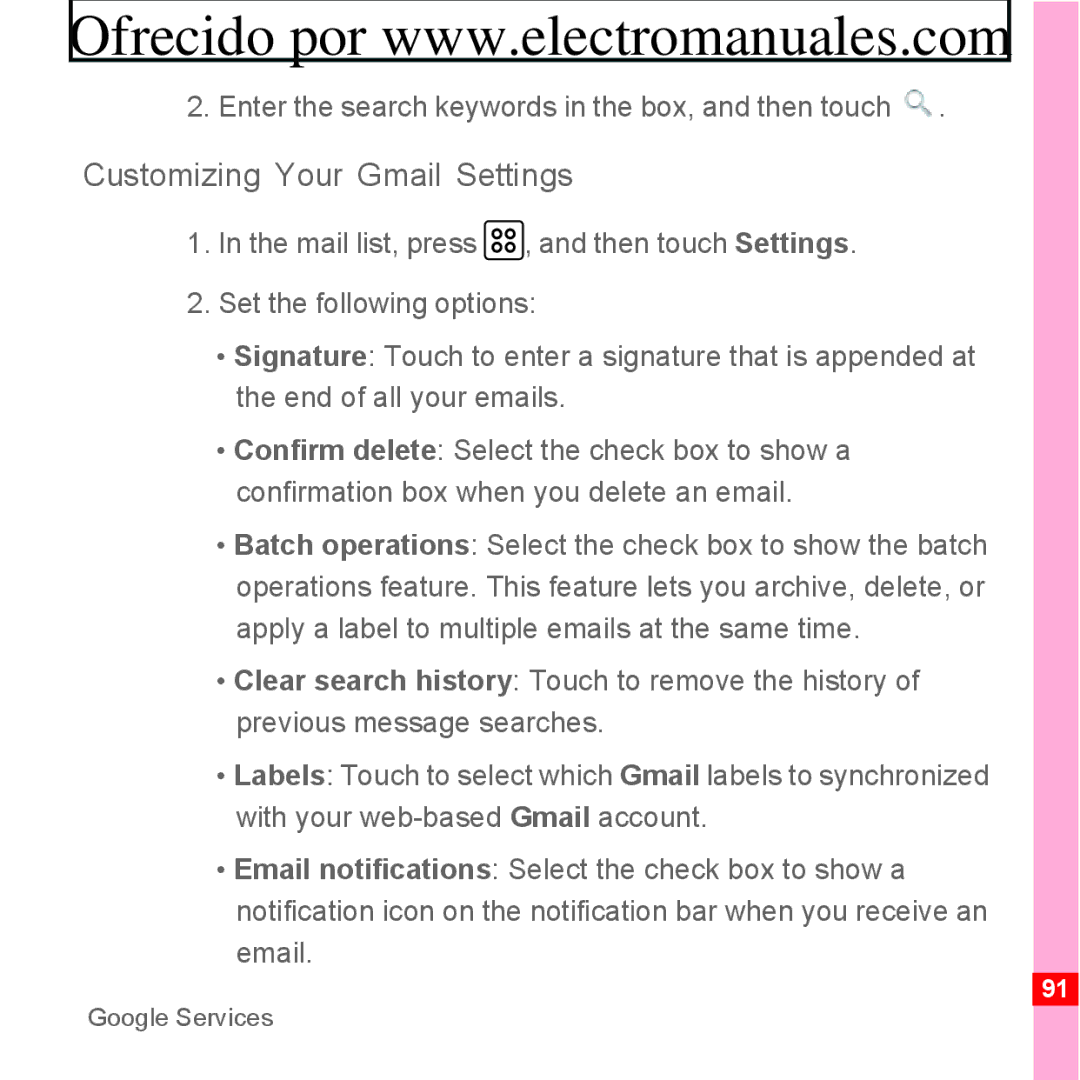 Huawei U8300 manual Customizing Your Gmail Settings, Enter the search keywords in the box, and then touch 