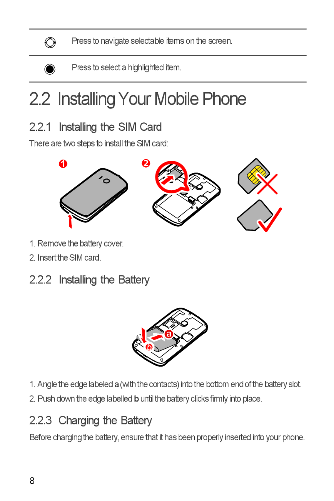 Huawei U8350 manual Installing Your Mobile Phone, Installing the SIM Card, Installing the Battery, Charging the Battery 