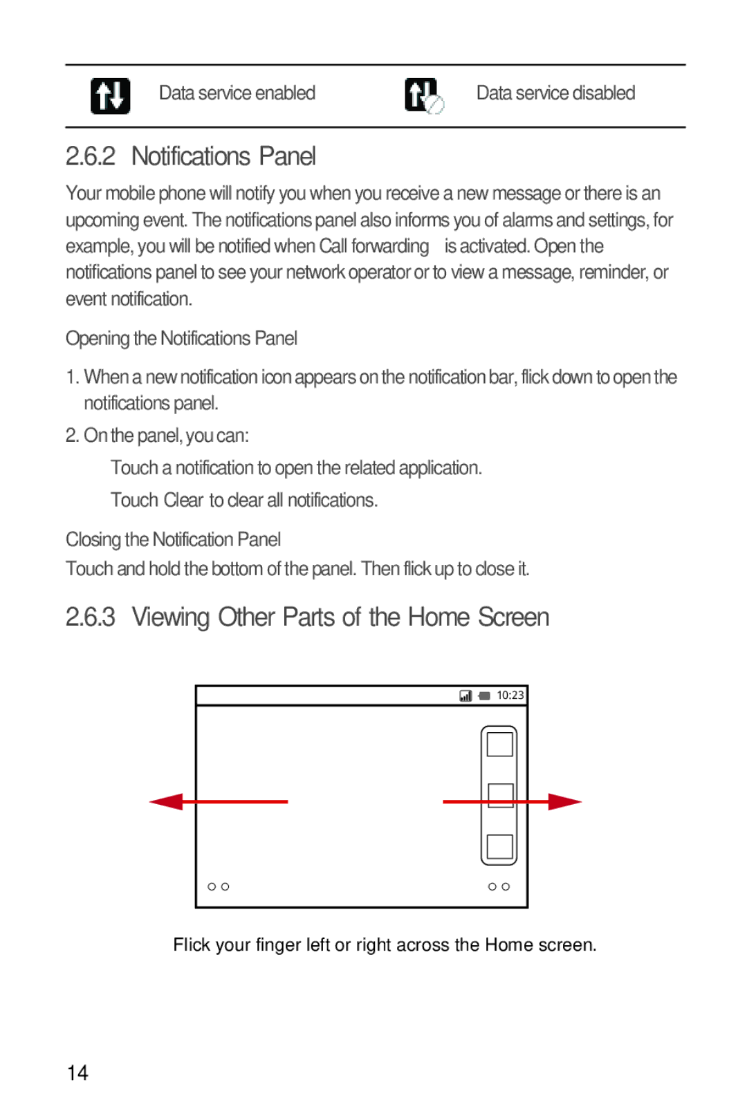 Huawei U8350 Viewing Other Parts of the Home Screen, Opening the Notifications Panel, Closing the Notification Panel 