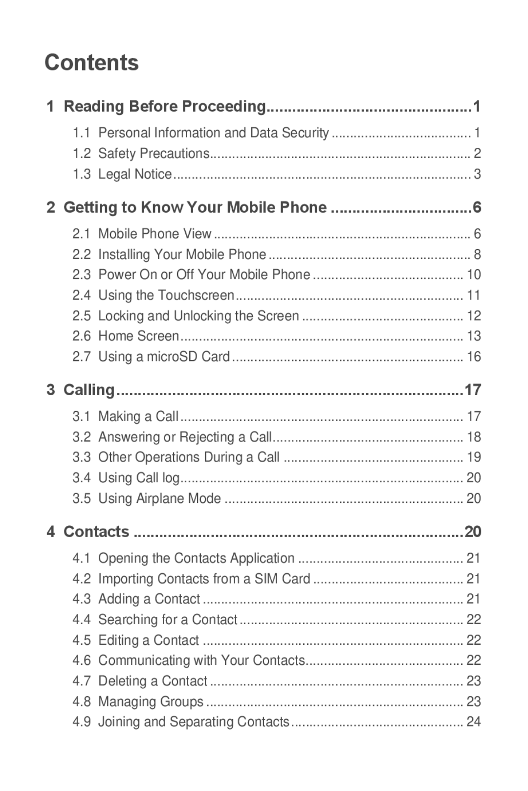 Huawei U8350 manual Contents 