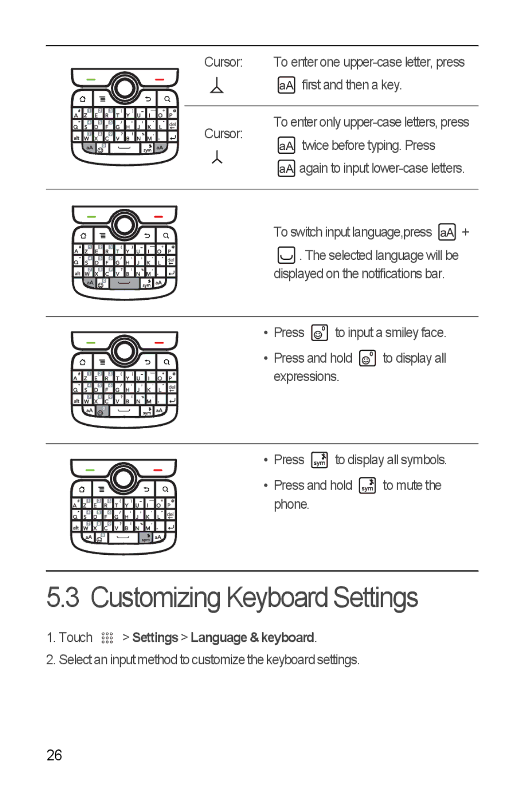 Huawei U8350 manual Customizing Keyboard Settings, Touch Settings Language & keyboard 