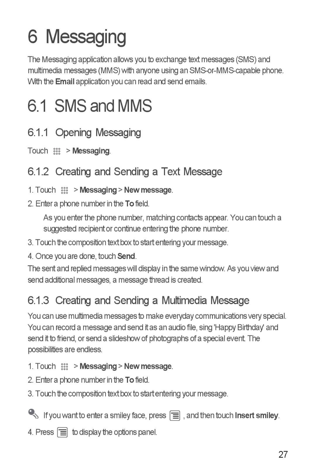 Huawei U8350 manual SMS and MMS, Opening Messaging, Creating and Sending a Text Message 