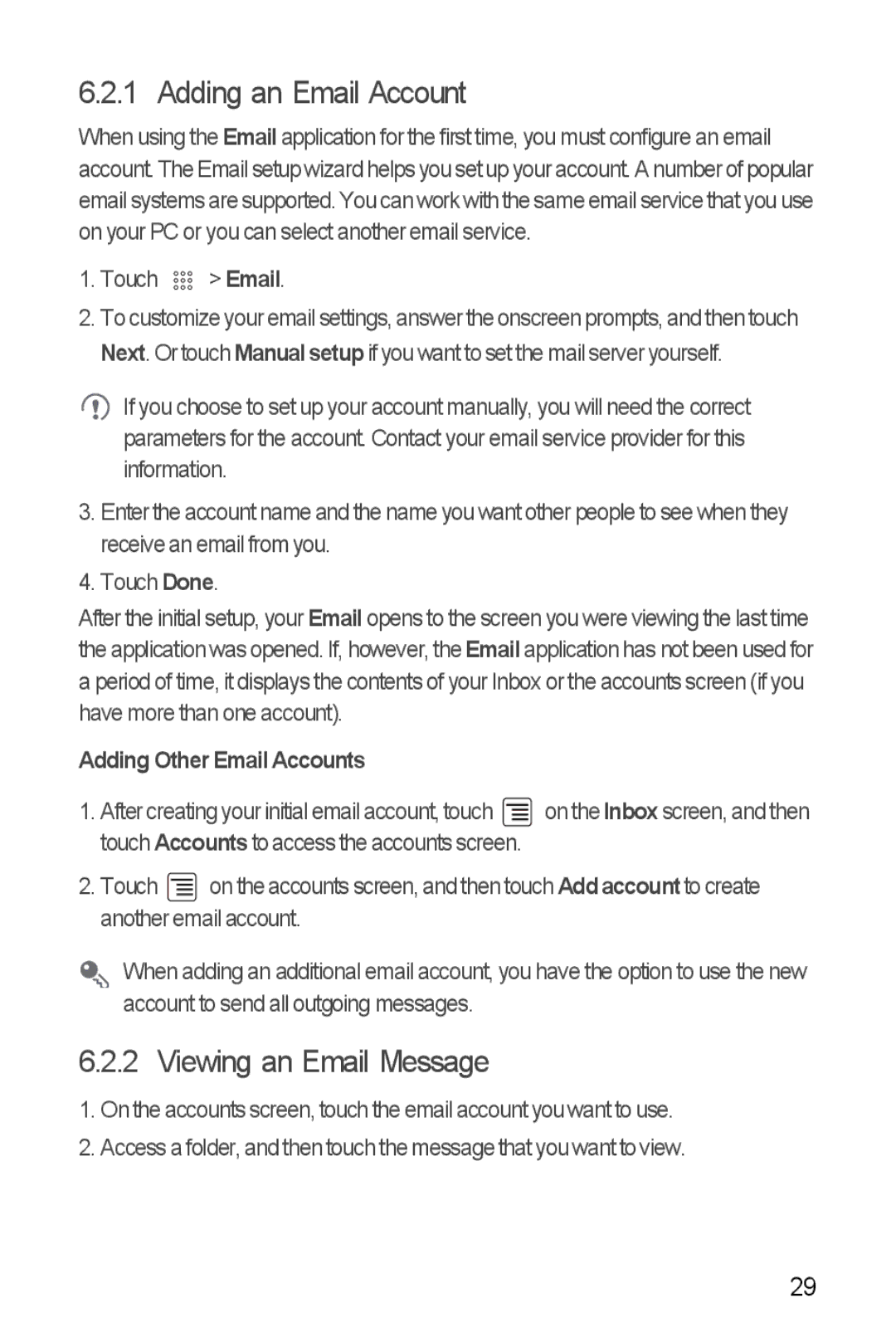 Huawei U8350 manual Adding an Email Account, Viewing an Email Message, Adding Other Email Accounts 