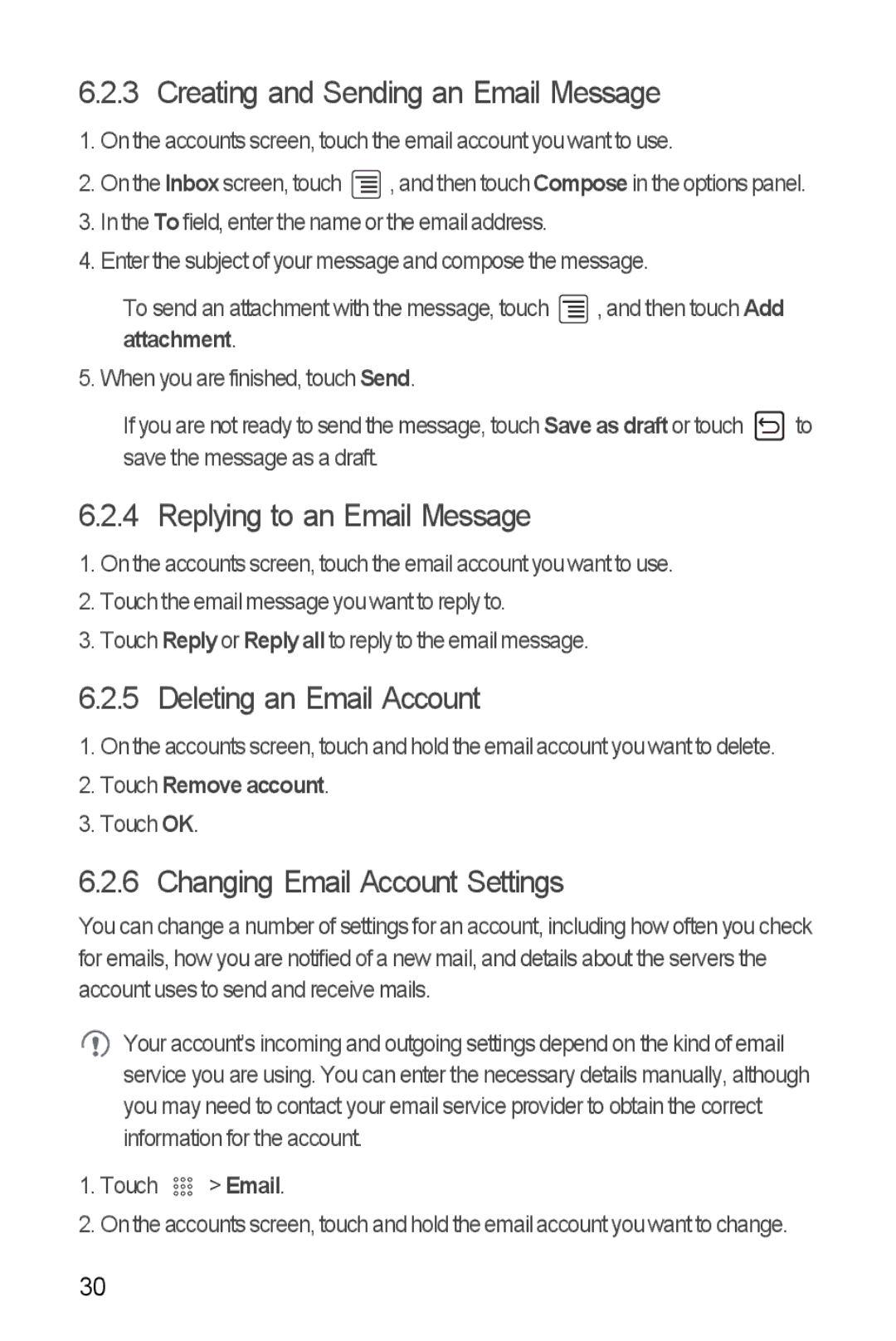 Huawei U8350 manual Creating and Sending an Email Message, Replying to an Email Message, Deleting an Email Account 