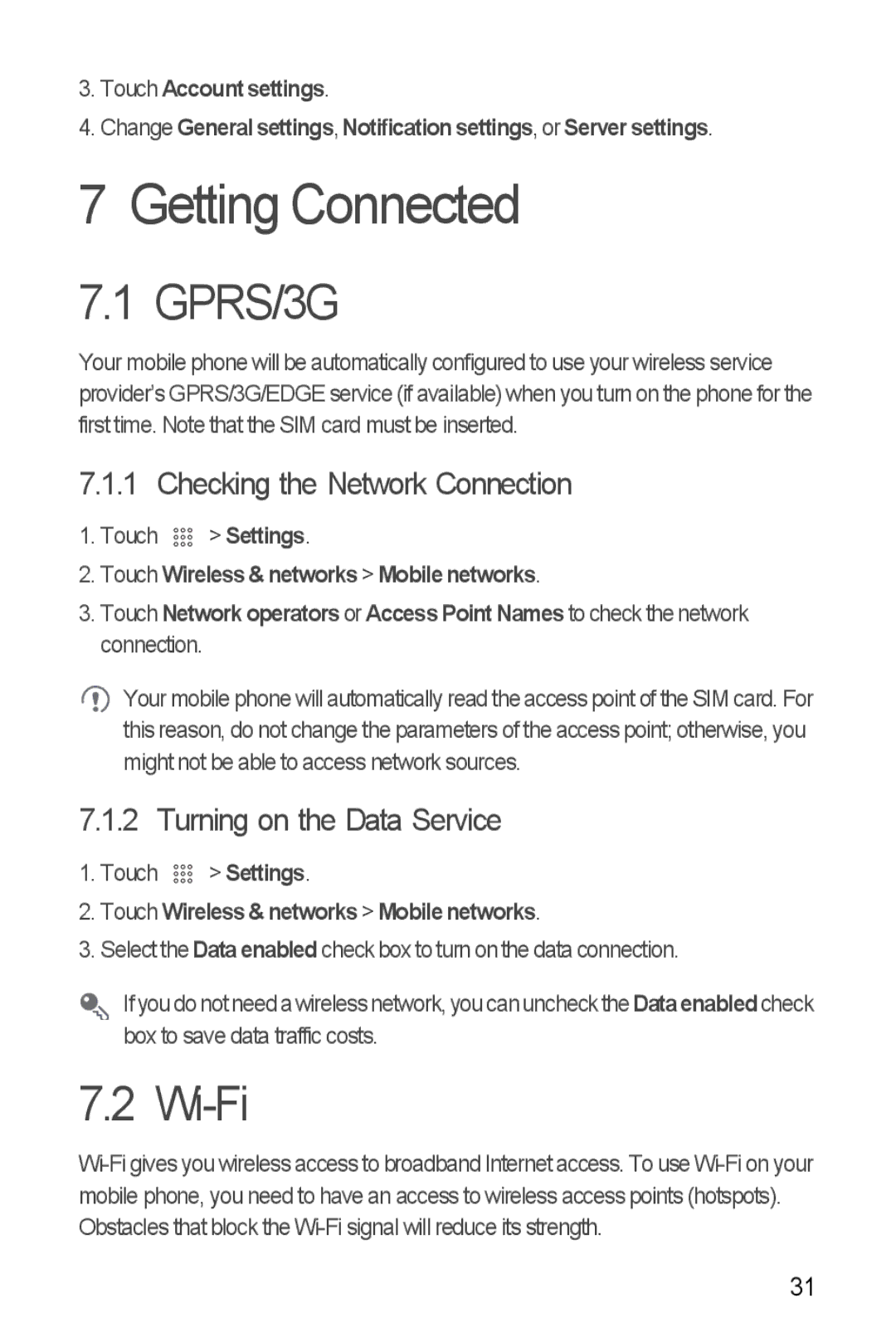 Huawei U8350 manual Getting Connected, GPRS/3G, Wi-Fi, Checking the Network Connection, Turning on the Data Service 