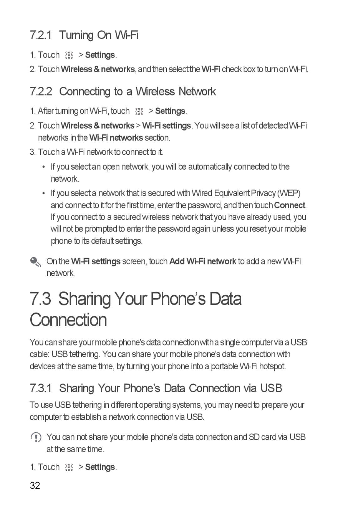 Huawei U8350 manual Sharing Your Phone’s Data Connection, Turning On Wi-Fi, Connecting to a Wireless Network 