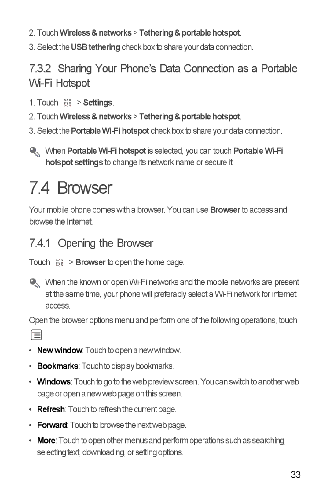 Huawei U8350 manual Opening the Browser, Touch Wireless & networks Tethering & portable hotspot 