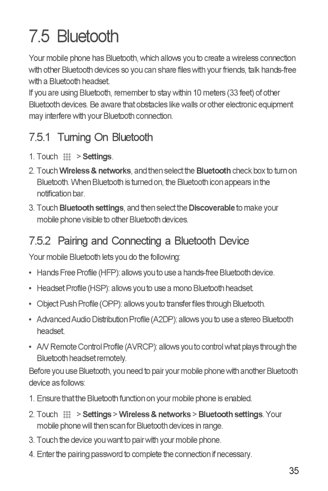 Huawei U8350 manual Turning On Bluetooth, Pairing and Connecting a Bluetooth Device 