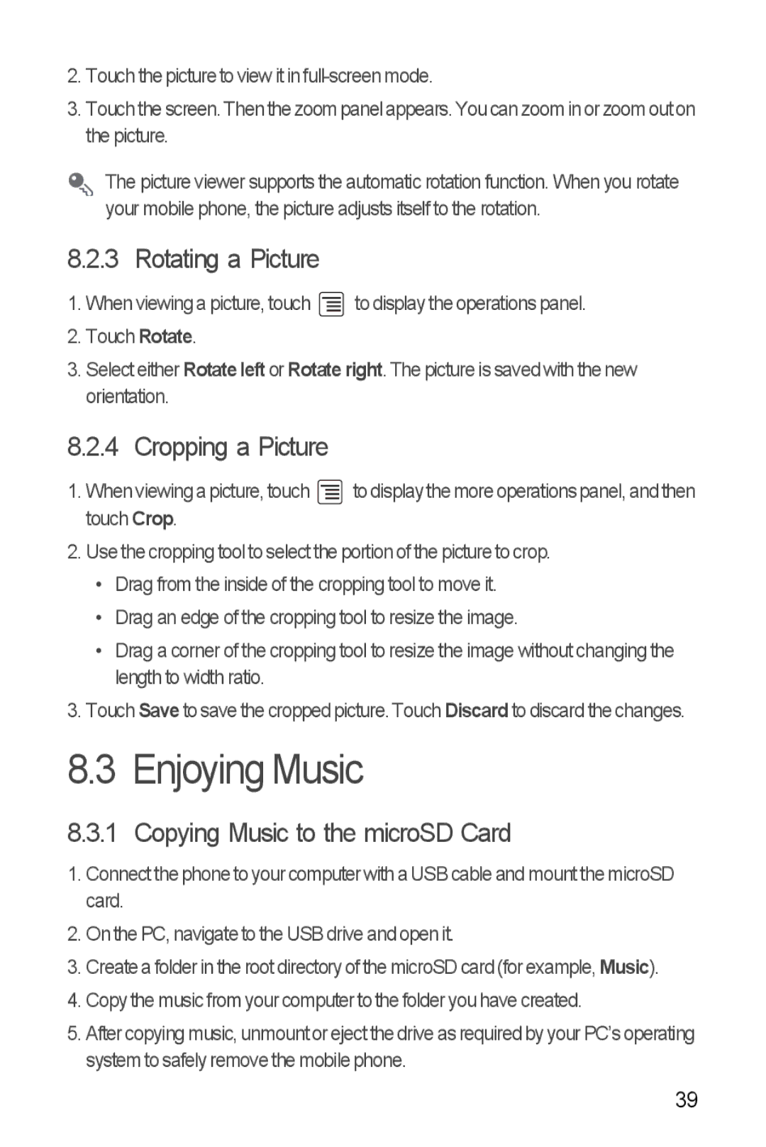 Huawei U8350 manual Enjoying Music, Rotating a Picture, Cropping a Picture, Copying Music to the microSD Card 