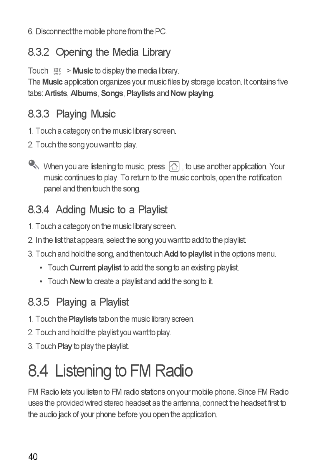 Huawei U8350 manual Listening to FM Radio, Playing Music, Adding Music to a Playlist, Playing a Playlist 