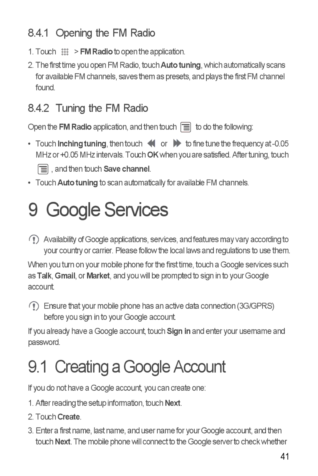 Huawei U8350 manual Google Services, Creating a Google Account, Opening the FM Radio, Tuning the FM Radio 