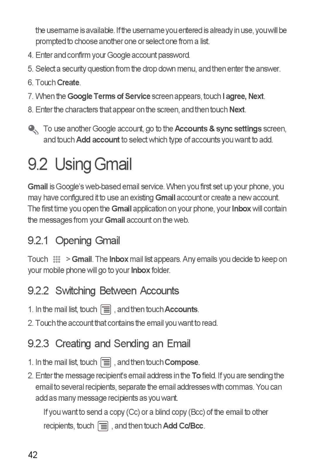 Huawei U8350 manual Using Gmail, Switching Between Accounts, Creating and Sending an Email, Touch 