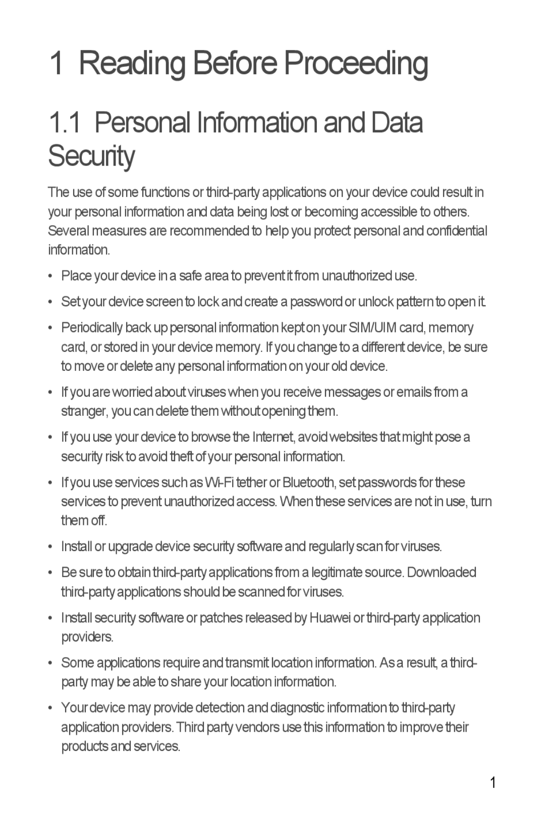 Huawei U8350 manual Reading Before Proceeding, Personal Information and Data Security 