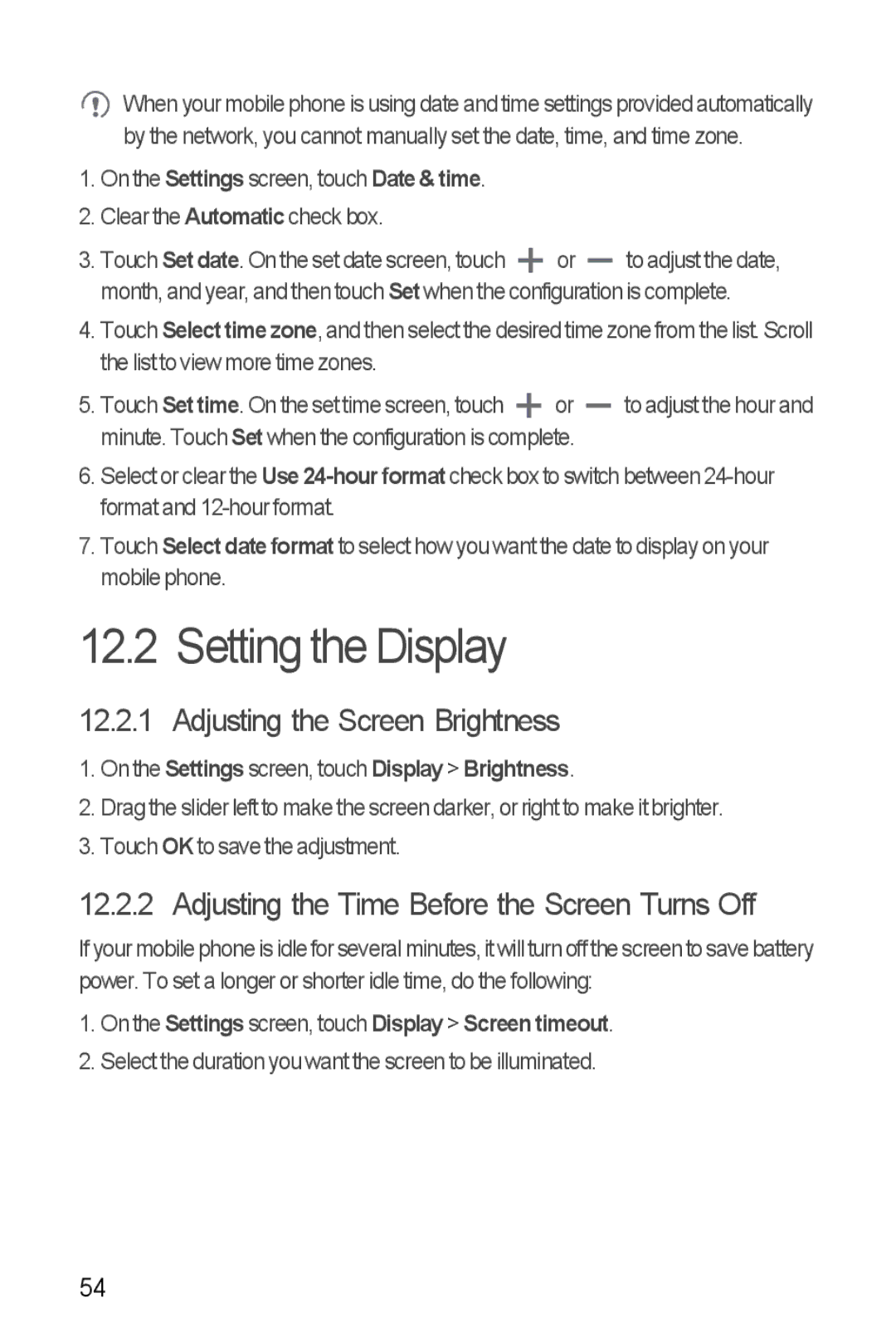 Huawei U8350 manual Setting the Display, Adjusting the Screen Brightness, Adjusting the Time Before the Screen Turns Off 