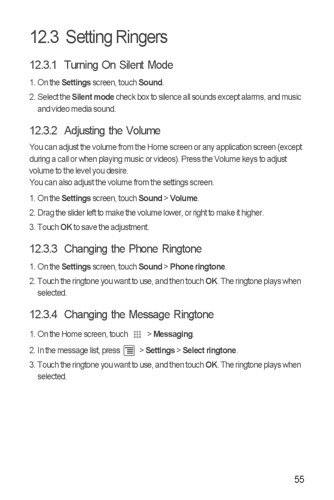 Huawei U8350 manual Setting Ringers, Turning On Silent Mode, Adjusting the Volume, Changing the Phone Ringtone 