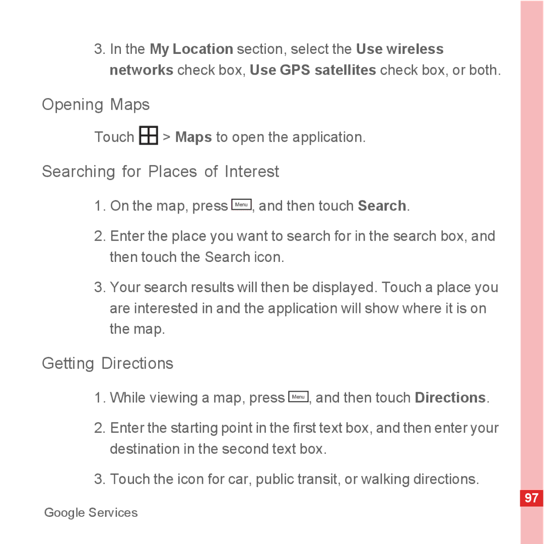 Huawei U8500 manual Opening Maps, Searching for Places of Interest, Getting Directions, Touch Maps to open the application 