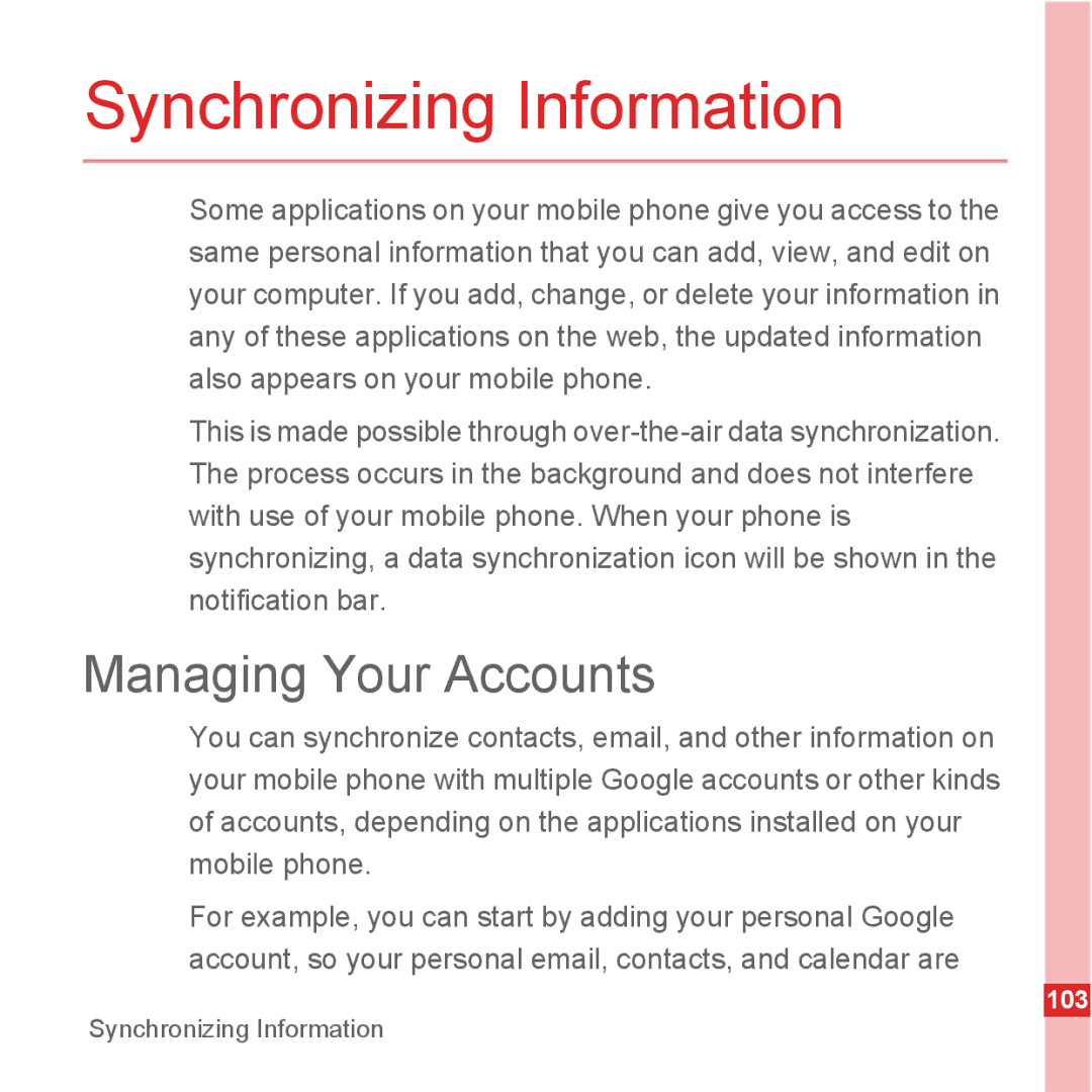 Huawei U8500 manual Synchronizing Information, Managing Your Accounts 