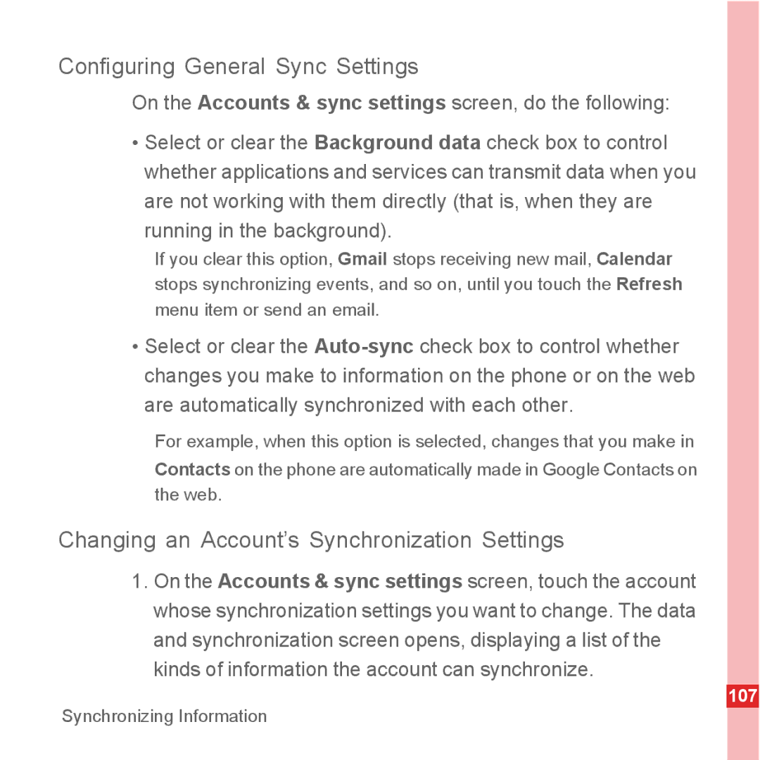 Huawei U8500 manual Configuring General Sync Settings, Changing an Account’s Synchronization Settings 