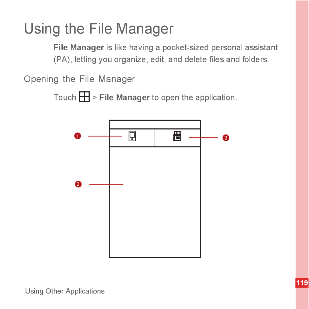 Huawei U8500 manual Using the File Manager, Opening the File Manager, Touch File Manager to open the application 