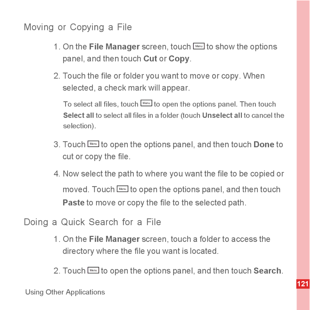 Huawei U8500 manual Moving or Copying a File, Doing a Quick Search for a File 