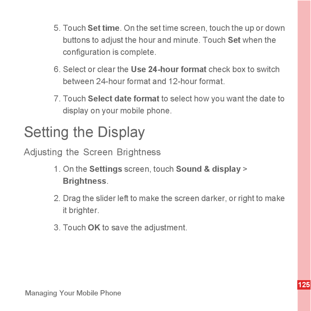 Huawei U8500 manual Setting the Display, Adjusting the Screen Brightness 