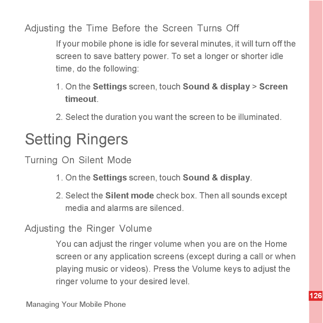 Huawei U8500 manual Setting Ringers, Adjusting the Time Before the Screen Turns Off, Turning On Silent Mode 