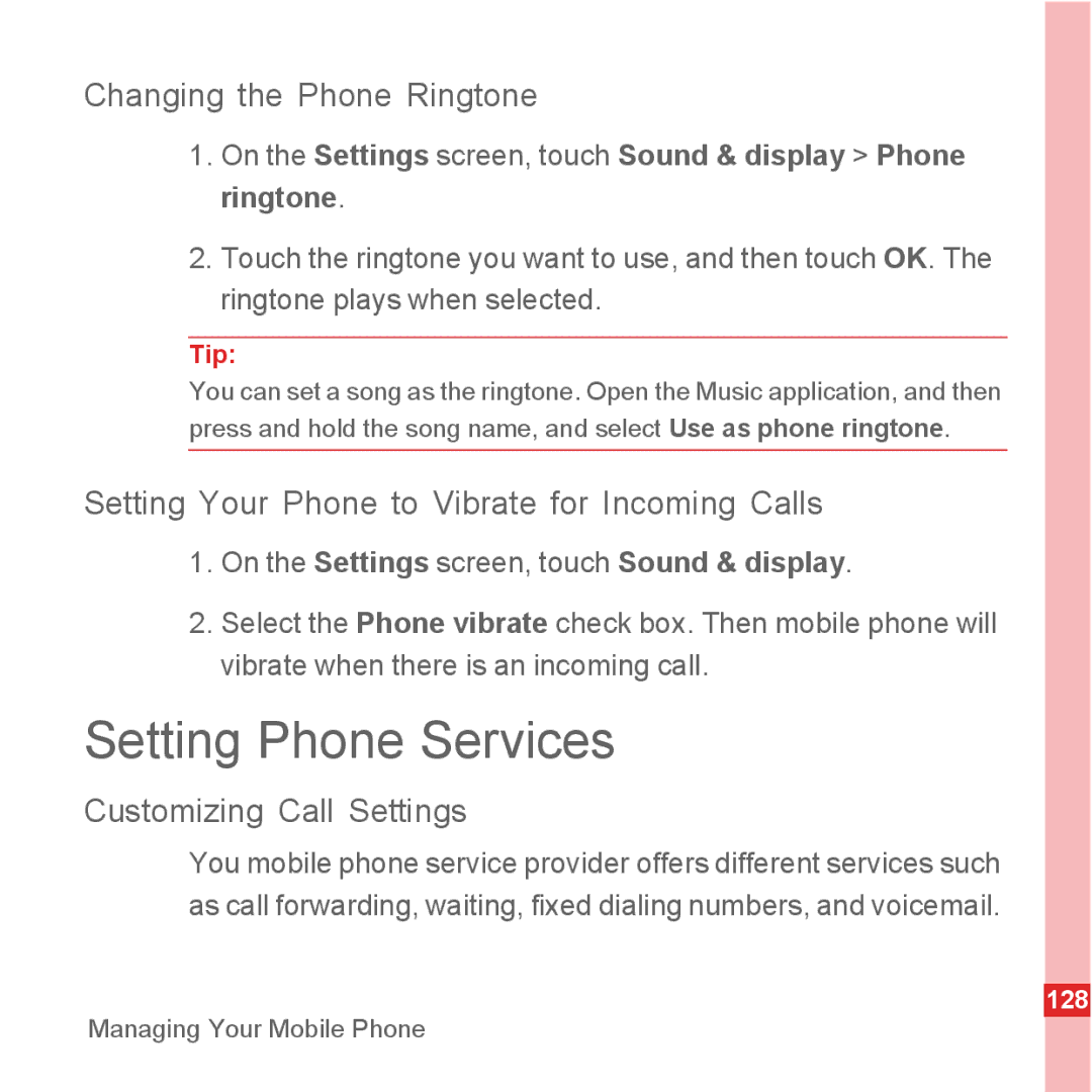 Huawei U8500 manual Setting Phone Services, Changing the Phone Ringtone, Setting Your Phone to Vibrate for Incoming Calls 