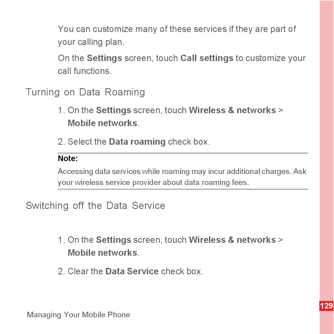 Huawei U8500 manual Turning on Data Roaming, Switching off the Data Service 