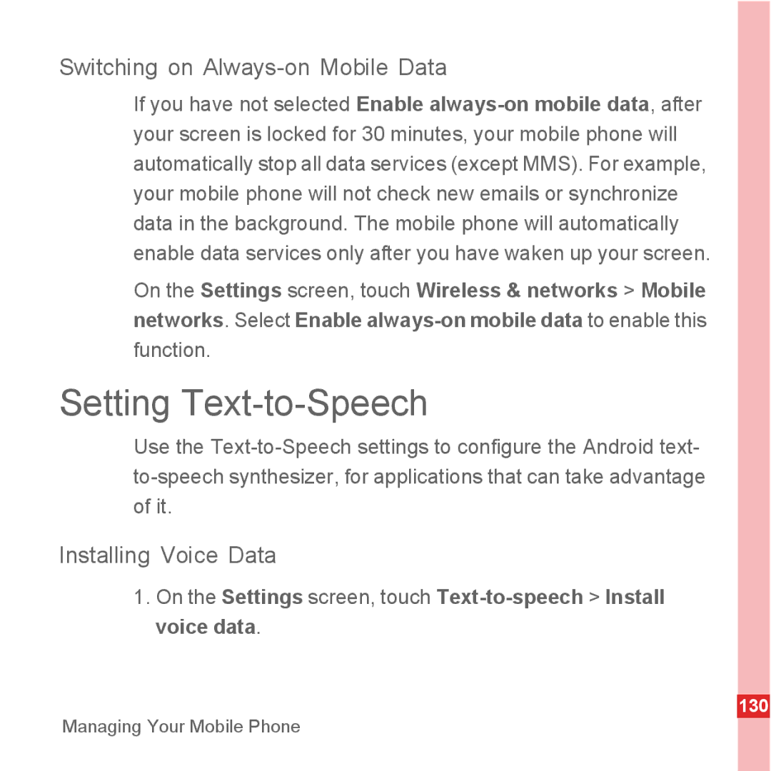 Huawei U8500 manual Setting Text-to-Speech, Switching on Always-on Mobile Data, Installing Voice Data 