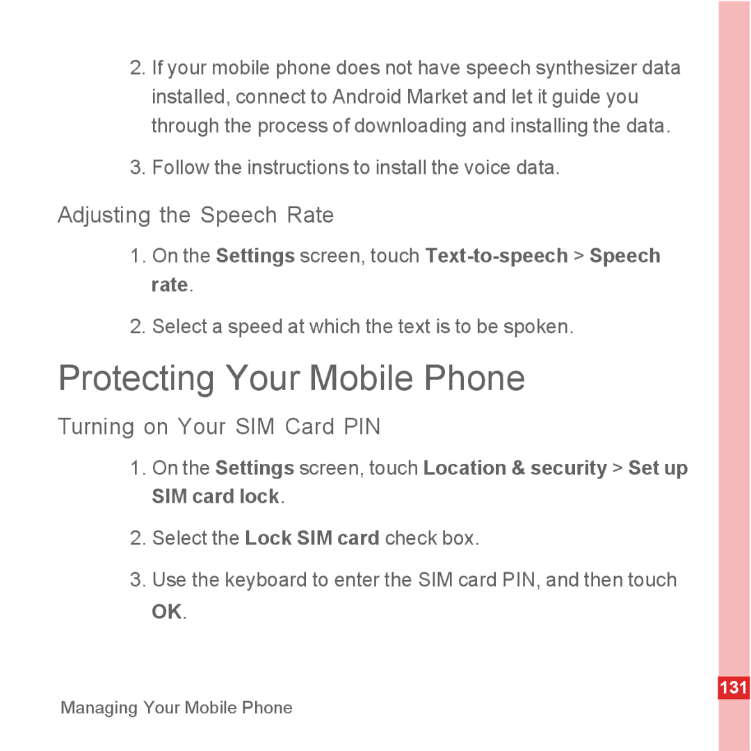 Huawei U8500 manual Protecting Your Mobile Phone, Adjusting the Speech Rate, Turning on Your SIM Card PIN 