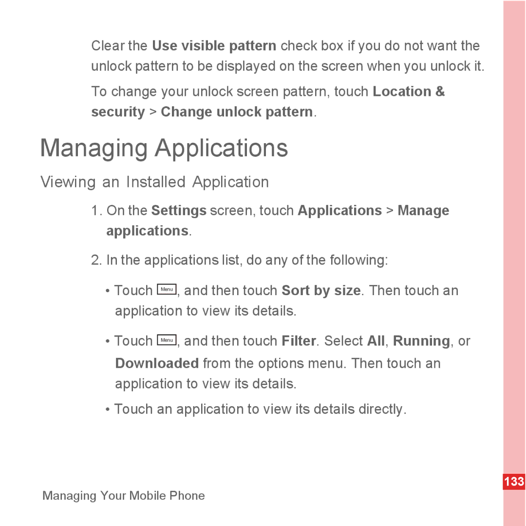 Huawei U8500 manual Managing Applications, Viewing an Installed Application 