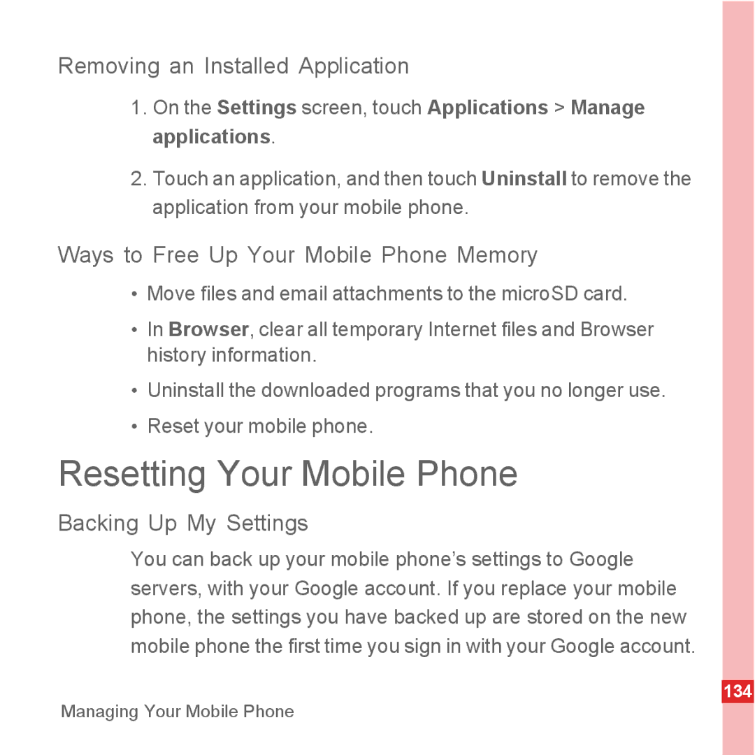 Huawei U8500 Resetting Your Mobile Phone, Removing an Installed Application, Ways to Free Up Your Mobile Phone Memory 