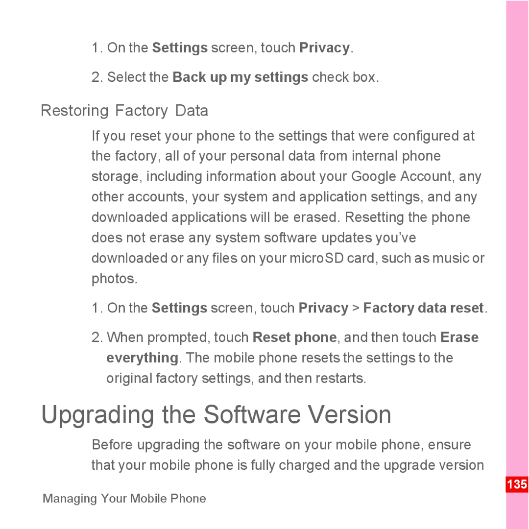 Huawei U8500 manual Upgrading the Software Version, Restoring Factory Data 