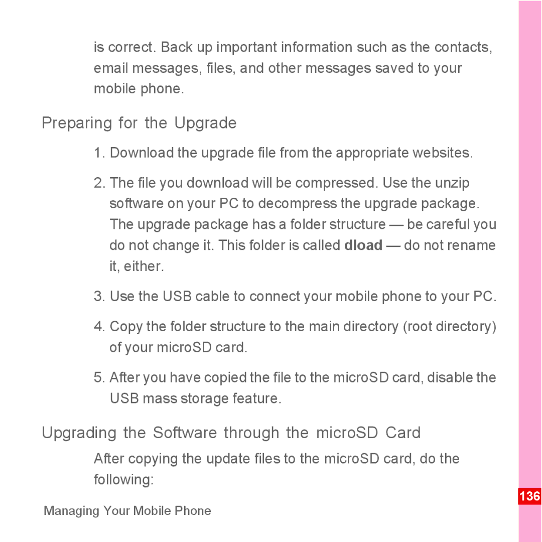 Huawei U8500 manual Preparing for the Upgrade, Upgrading the Software through the microSD Card 