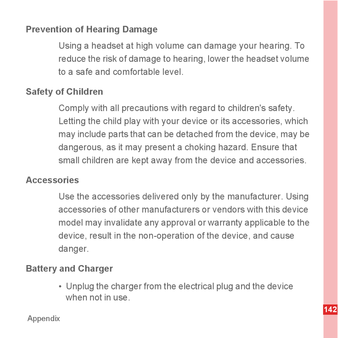 Huawei U8500 manual Prevention of Hearing Damage, Safety of Children, Accessories, Battery and Charger 