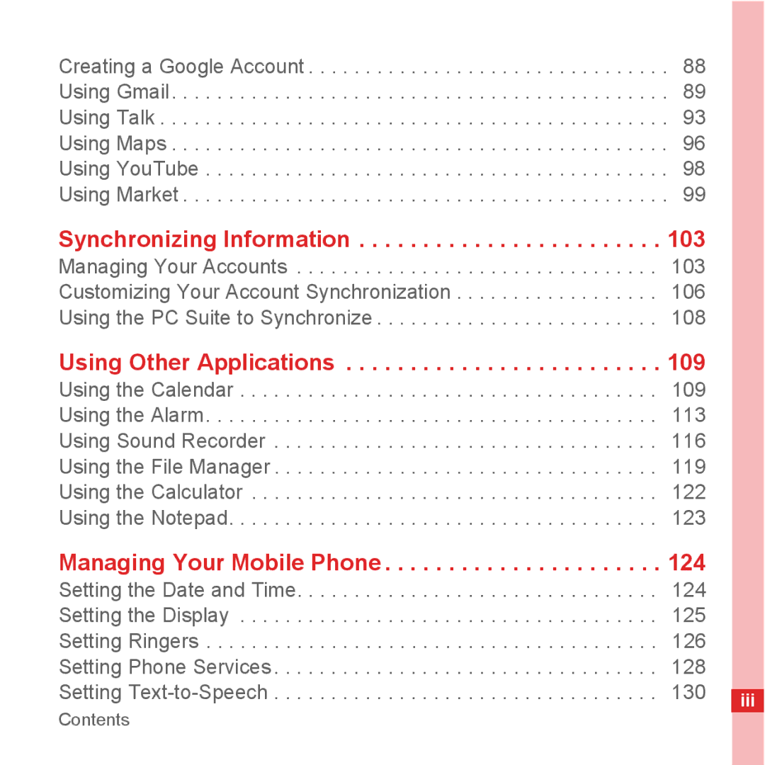 Huawei U8500 manual Synchronizing Information, Setting Text-to-Speech 130 