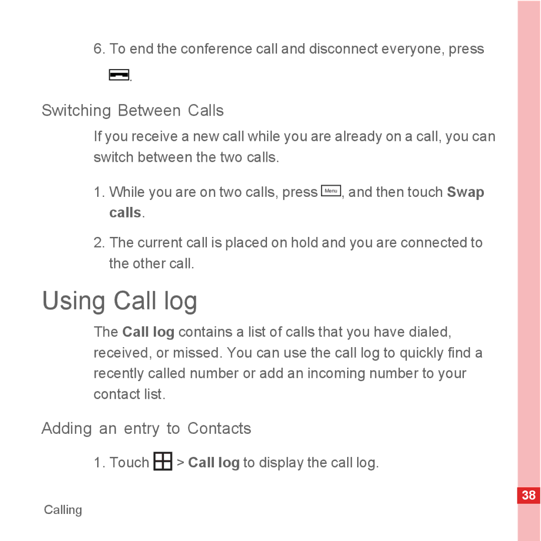 Huawei U8500 manual Using Call log, Switching Between Calls, Adding an entry to Contacts 