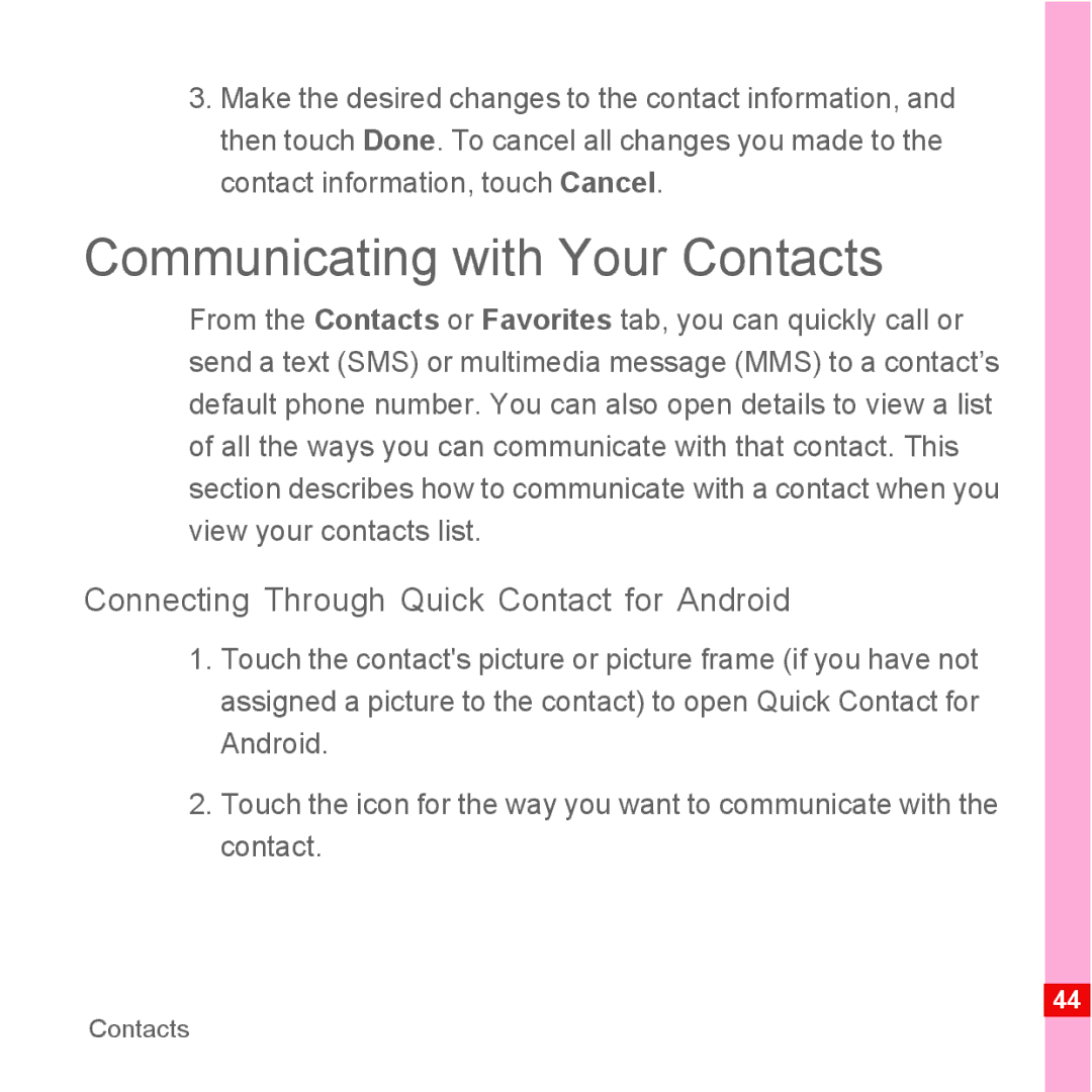 Huawei U8500 manual Communicating with Your Contacts, Connecting Through Quick Contact for Android 