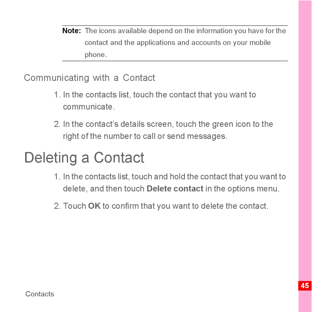 Huawei U8500 Deleting a Contact, Communicating with a Contact, Touch OK to confirm that you want to delete the contact 