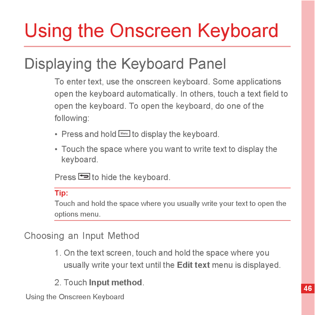 Huawei U8500 Using the Onscreen Keyboard, Displaying the Keyboard Panel, Choosing an Input Method, Touch Input method 