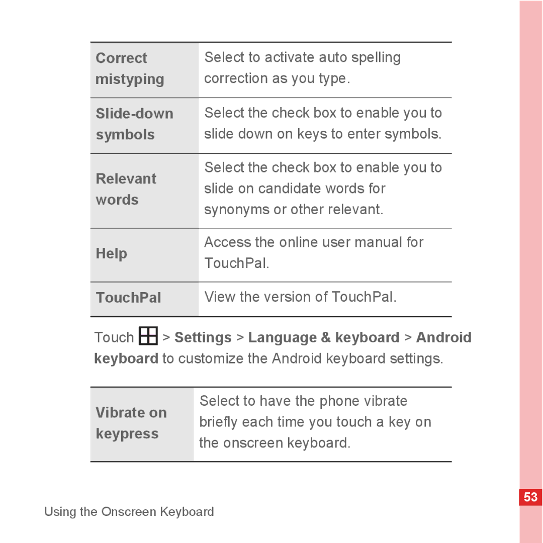 Huawei U8500 manual Correct, Mistyping, Slide-down, Symbols, Relevant, Words, Help, TouchPal, Vibrate on, Keypress 