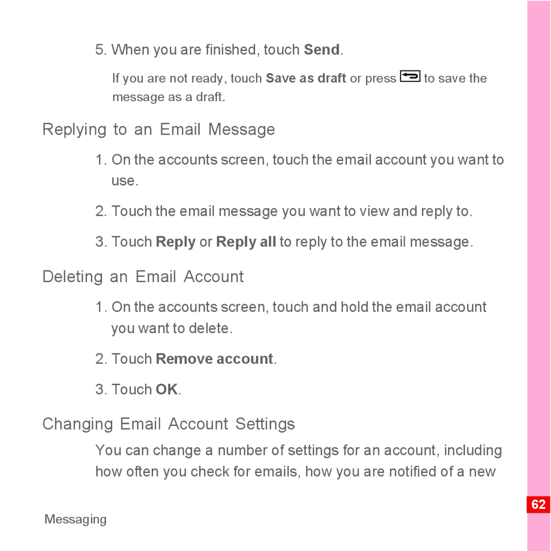 Huawei U8500 manual Replying to an Email Message, Deleting an Email Account, Changing Email Account Settings 