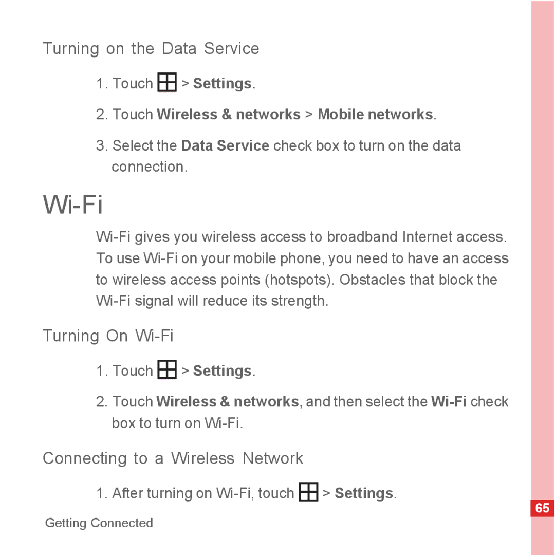 Huawei U8500 manual Turning on the Data Service, Turning On Wi-Fi, Connecting to a Wireless Network 