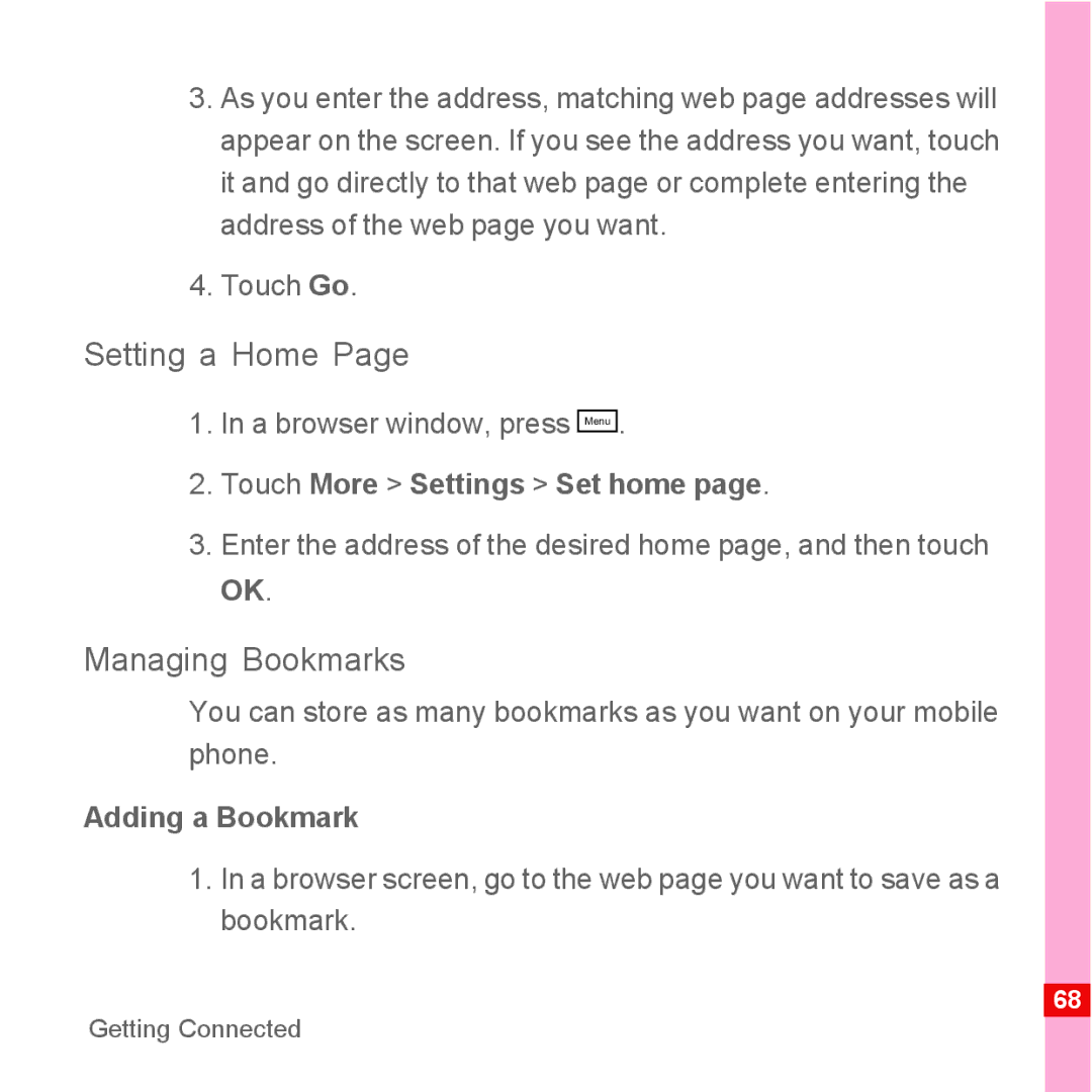 Huawei U8500 manual Setting a Home, Managing Bookmarks, A browser window, press Menu, Touch More Settings Set home 