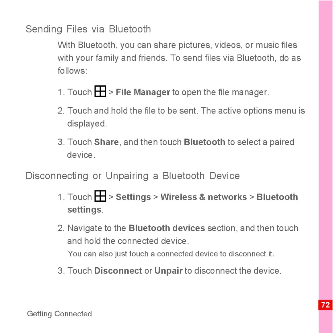 Huawei U8500 manual Sending Files via Bluetooth, Disconnecting or Unpairing a Bluetooth Device 