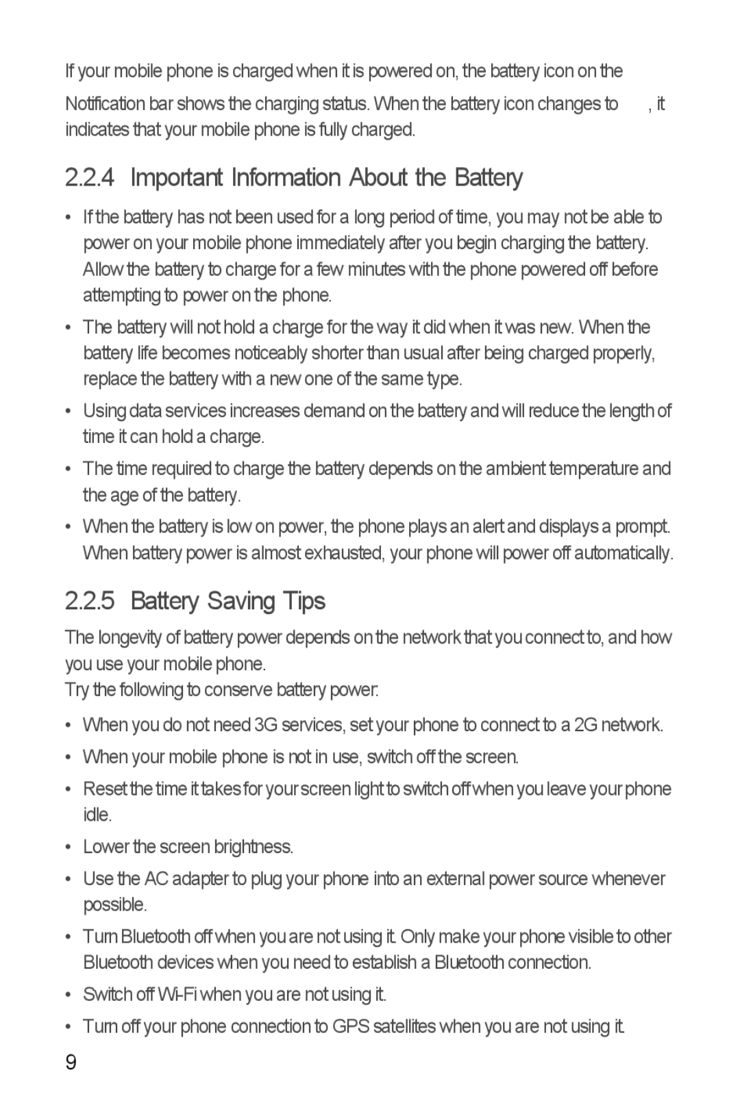 Huawei U8510 manual Important Information About the Battery, Battery Saving Tips 