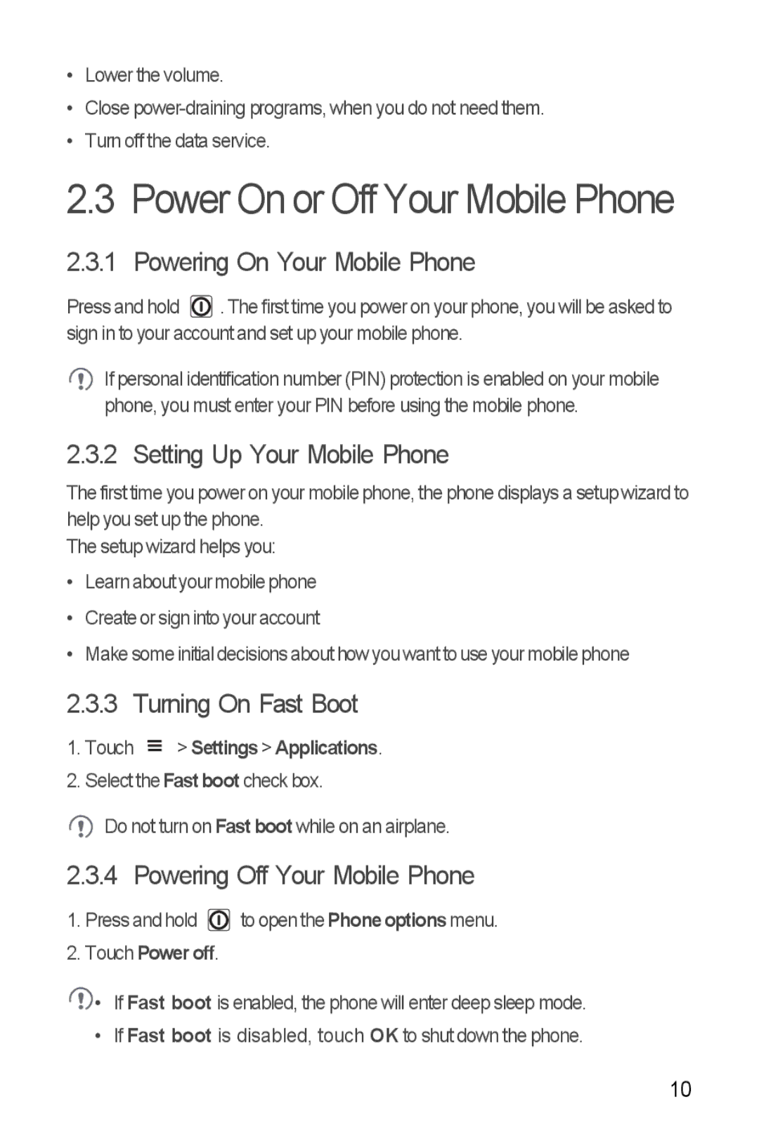 Huawei U8510 manual Power On or Off Your Mobile Phone, Powering On Your Mobile Phone, Setting Up Your Mobile Phone 