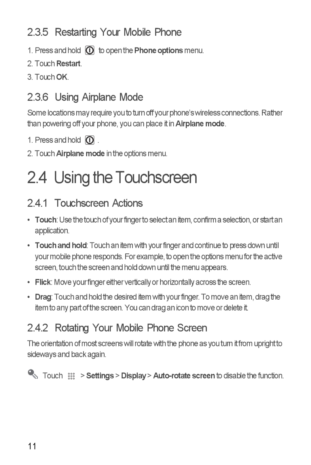 Huawei U8510 manual Using the Touchscreen, Restarting Your Mobile Phone, Using Airplane Mode, Touchscreen Actions 