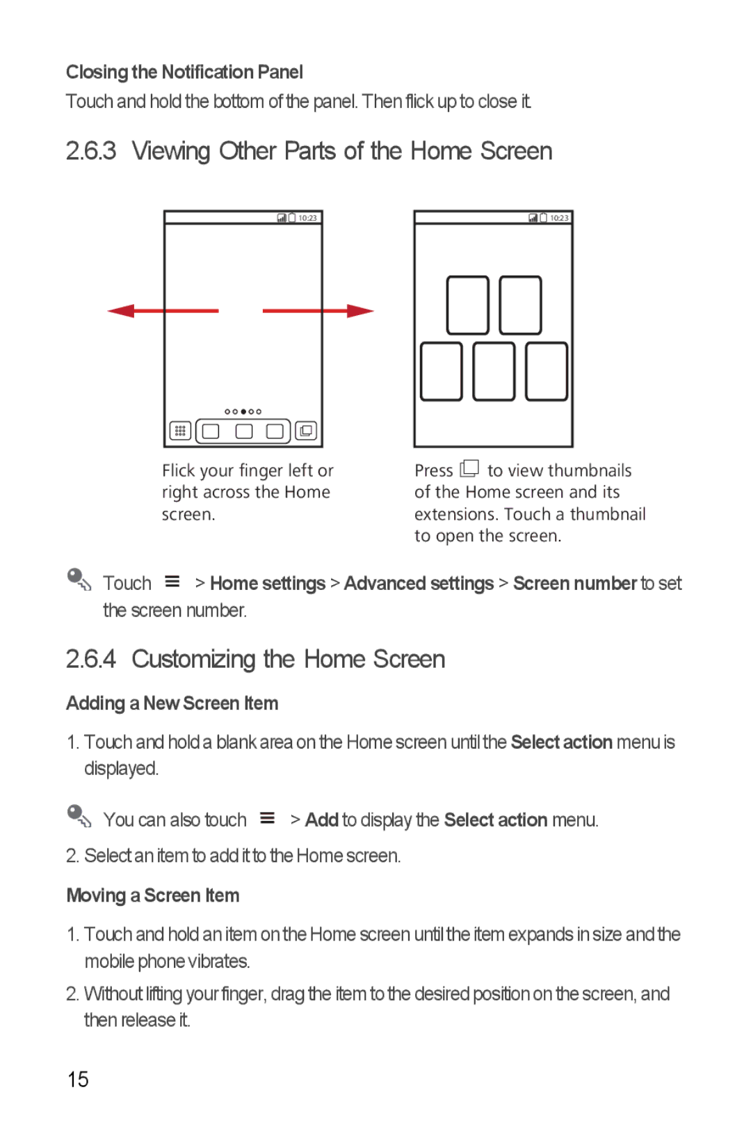 Huawei U8510 manual Viewing Other Parts of the Home Screen, Customizing the Home Screen 