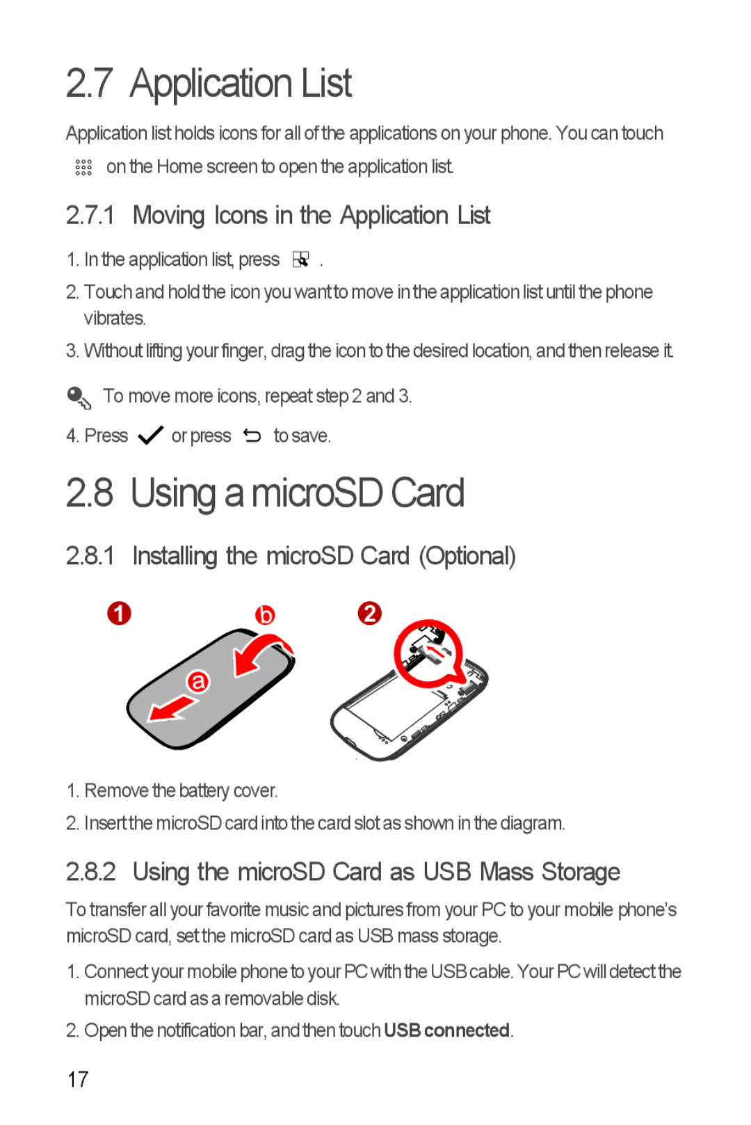 Huawei U8510 manual Using a microSD Card, Moving Icons in the Application List, Installing the microSD Card Optional 